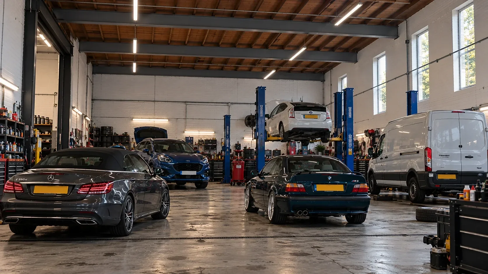 Cars and a van in a bright workshop with blue vehicle lifts, white brick walls and wooden ceiling beams
